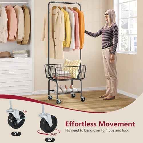 Tajsoon Rolling Laundry Cart with Hanging Rack & Laundry Basket, Black