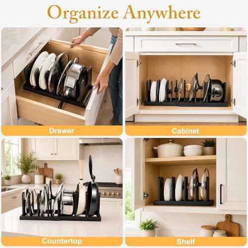 MinBoo Bamboo Expandable Pot Lid Organizer, Pot and Pan Organizer Drawer Organizer for Pot Lids, Adjustable 10 U-Shaped Dividers for Kitchen Cabinet Organizers and Storage,Black