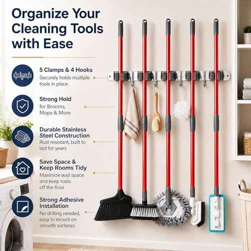 voze 5 Racks and 4 Hooks Mop and Broom Holder Wall Mount, Self Adhesive Heavy Duty Broom Hanger Organizer Storage Tool Racks for Kitchen Garden Laundry Garage