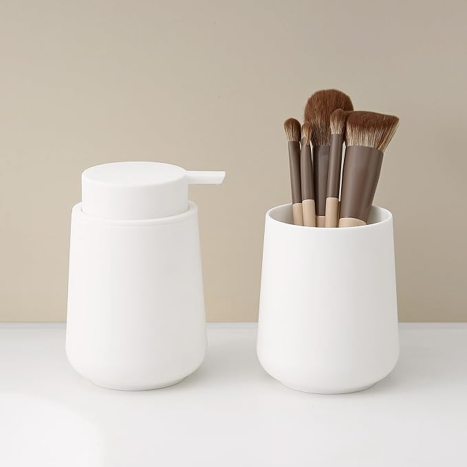 Matte White Bathroom Accessories 2 Piece Set Plastic Soap Dispenser and - Image 3