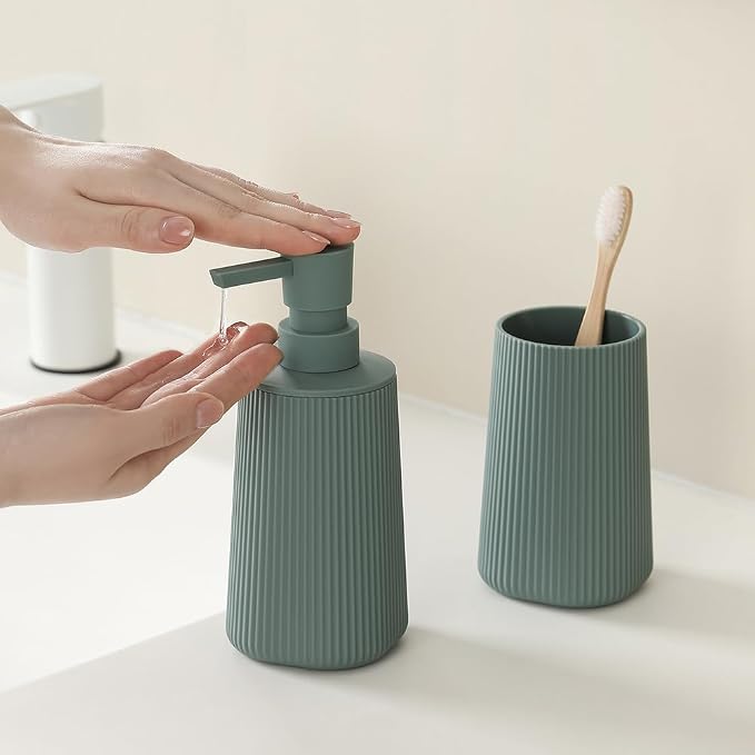 Bathroom Accessories 2 Piece Soap Dispenser and Toothbrush Holder Set Striped - Image 2