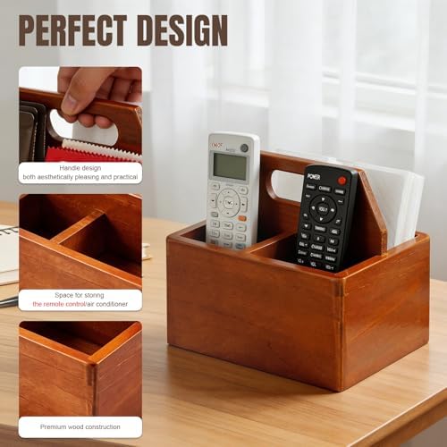 DAWASAPAT Acacia Wood Remote Control Holder with Handle, Desk Organizer with 3 Compartments, Wood TV Stand Decor, Easy Storage TV Remote Holder for Living Room, Bedside Caddy, Office Supplies