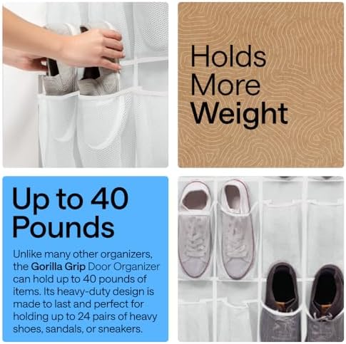 GORILLA GRIP Over the Door Shoe Organizer, 24 Large Pockets, White