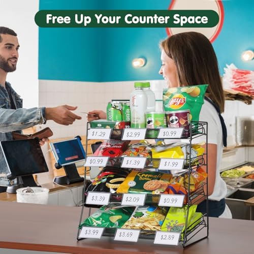 4-Tier Black Stackable Candy Display Rack, Snack Organizer for Countertop, Stores, Offices with 24 Signs and 60 Labels（Metal Mesh Plate） (Black-2 Pack)