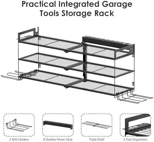 CCCEI Large Garage Tools Storage with Charging Station. Power Tool Battery Organizer Utility Shelf with Power Strip. 4 Drills Holder Wall Mount Rack, Black 3 Layer.