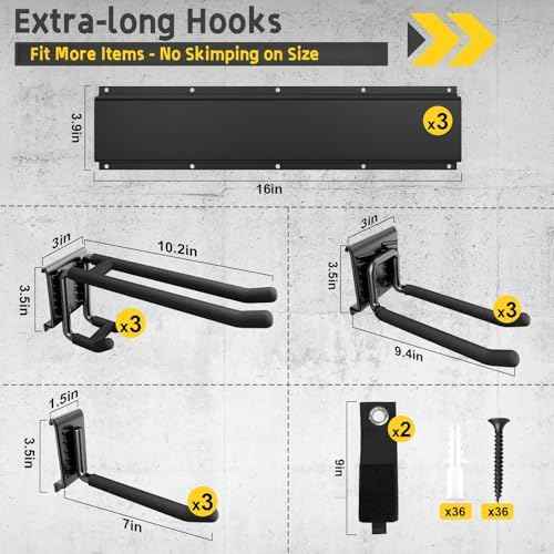 96" Garage Tool Organizer Wall Mount, 1250lbs Heavy Duty Garden Tool Storage Rack with 15 Adjustable Hooks for Yard, Shed, Garage (6 Racks, 15 Hooks, 2 Straps, Steel)