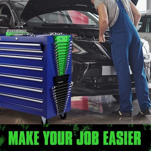 Magnetic Wrench Organizer 4-piece, Wrench Rack Tool Trays SAE (1/4" to 1-1/16"), Metric (6mm to 24mm), 64-Slot Drawer Storage Tools, Wrench Set Holder