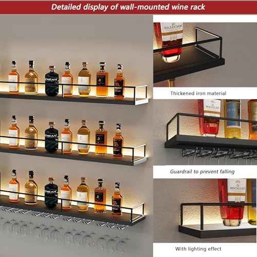 Metal Wall Mounted Wine Rack with LED Light, 3 Tiers Liquor Bottles Floating Shelves with Glass Holder, Wine Shelf Industrial Bar Shelves for Home Bar Dining (Black, 120cm/47.2in)