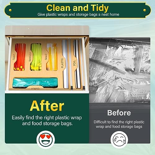 KOCWELL Bag Organizer and Plastic Wrap Dispenser with Cutter, 6 In 1 Bamboo Foil and Plastic Wrap Organizer for Kitchen Drawer, Food Storage Bag Organizer for Gallon,Quart,Sandwich,Snack(Yellow)