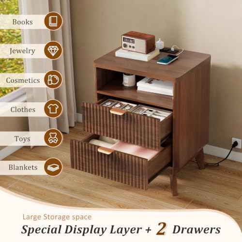 LYNCOHOME Fluted Nightstand with Charging Station, 19.7 inch Wide End Table with 2 Drawers, Modern Wood Bedside Table for Bedroom,Brown,1 Pcs