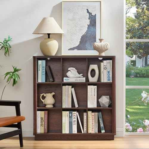 Joaxswe 9 Cube Bookshelf, 40.5" Wide Organizer Bookcase with Curved Edge, Wood Floor Standing 3-Tier Cubby Book Shelf with Base, Vintage Display Storage Cabinet for Living Room, Home Office, Walnut