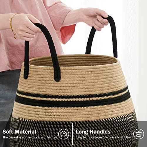 Large Laundry Hamper Basket 65L Woven Blanket Basket, Brown & Black
