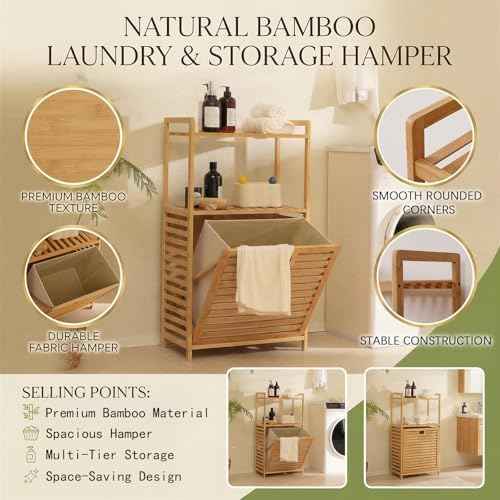 Baveke Tilt Out Laundry Hamper with 2 Tier- Bamboo Laundry Basket, Natural