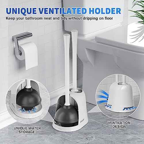 Toilet Plunger and Brush, Silicone Bowl Brush and Heavy Duty Toilet Plunger Set with Ventilated Holder, 2-in-1 Toilet Brush and Plunger Combo for 5.3-inch Bathroom Cleaning (White, 1 Set)