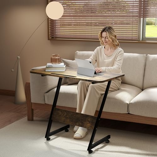 Funecy Overbed Bedside Table with Wheels,Small Desk Portable Rolling,Overbed Table Home Use, Portable Computer Desk,Movable Desk (Rustic Brown)