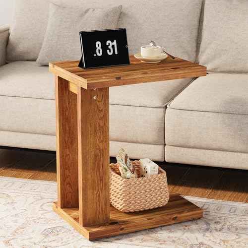 Solid Wood C-Shaped End Table, Wooden Side Table for Sofa, 2-Tier Bedside Nightstand for Living Room, Bedroom