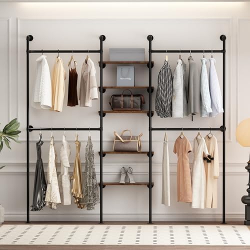 Industrial Pipe Clothing Racks with 5 Shelves, Wall Mounted Clothes Rack for Hanging Clothes, Black Wall Clothing Rack, Heavy Duty Clothes Rack for Walk in Closet, Laundry Room