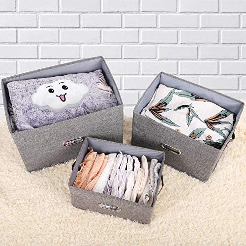 Large Linen Fabric Foldable Storage Bins with Removable Lid and Handles, Washable Storage Box Organizer Containers Baskets Cube with Cover for Bedroom,Office(Cream, Small)