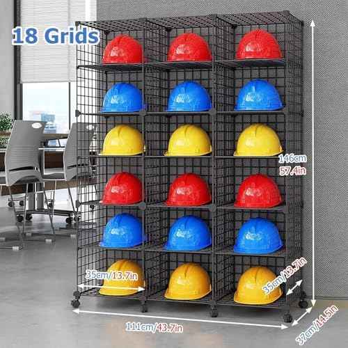 Stackable Safety Helmet Storage Boxes Large Adjustable Hard Hat Placement Rack with Wheels for Construction Site/Workshop/Factory - Multifunctional Safety Helmet/Helmet Display Shelf (3 * 6)