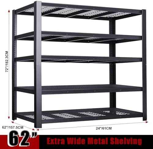 62" W 3050LBS Storage Shelves Unit,5 Tier Heavy Duty Metal Shelving Unit and Storage Large Rack,72" H x62 W x24 D Adjustable Metal Shelving Unit,Garage Shelves for Basement,Warehouse
