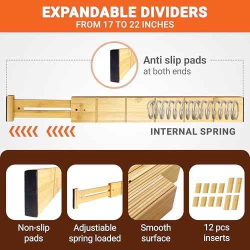 Expandable and Adjustable Bamboo Drawer Dividers with 12 Inserts, Kitchen Drawer Organizer