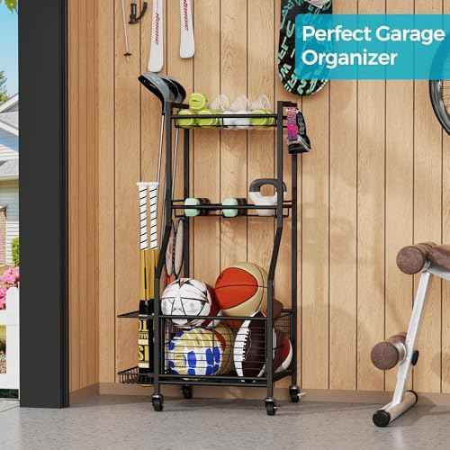 Sports Equipment Storage Rack with Wheels, 3-Tier Ball Organizer