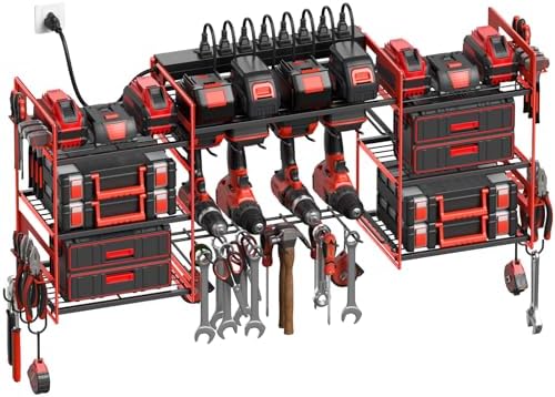 CCCEI Red Power Tool Organizer Wall Mount, Large Tools and Battery Storage Rack Charging Station Individual Switches. Drills Holder, Garage Utility Shelves with 6FT Power Strip. Gift for Men.