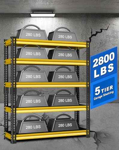 48" W Garage Storage Shelves Heavy Duty, 2800LBS Loads Adjustable Garage Shelving, 5-Tier Metal Shelving Units and Storage Racks, Industrial Utility Shelf,48''Wx18''Dx78''H, Yellow