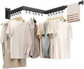 Wall Mounted Tri-Fold Clothes Drying Rack, Heavy Duty Collapsible Laundry Drying Rack, Space-Saving Retractable Foldable Drying Rack Clothes for Laundry Room Balcony Bathroom,Black-Hooks
