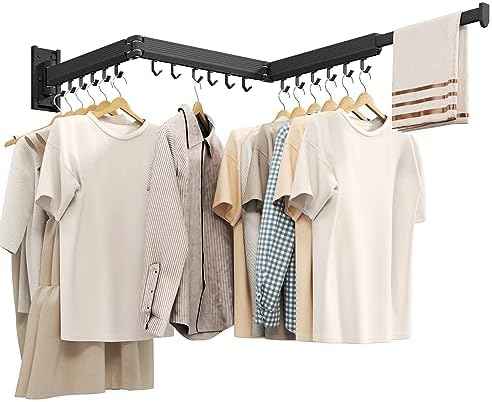 Wall Mounted Tri-Fold Clothes Drying Rack, Heavy Duty Collapsible Laundry Drying Rack, Space-Saving Retractable Foldable Drying Rack Clothes for Laundry Room Balcony Bathroom,Black-Hooks