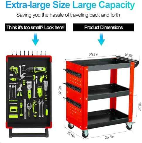 3-Tier Rolling Tool Cart with Pegboard, 1000LBS Load 2 Lockable Casters