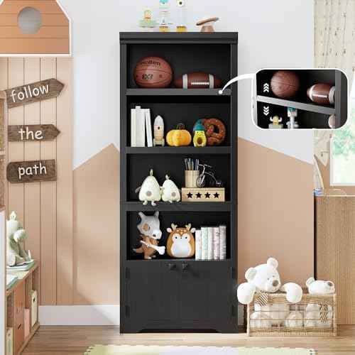 5-Tier Bookshelf, 69" Tall Adjustable Bookcase with Doors, Display Shelf