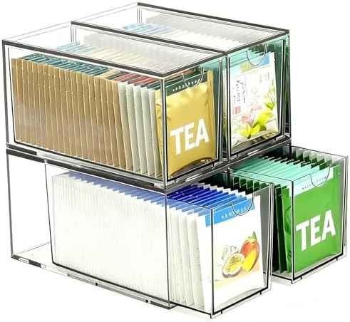 4 Pack Stackable Tea Bag Storage Organizer Drawers – Clear Acrylic Tea Bag Holder for Cabinet, Drawer, Pantry, Countertop – Kitchen Tea Storage Container