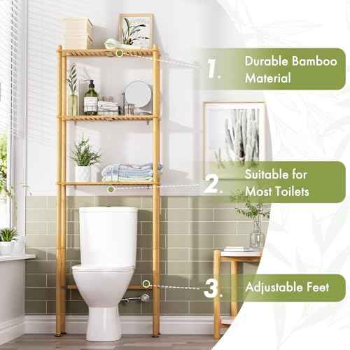 AmazerBath Bamboo Over The Toilet Storage Shelf, 3-Tier Bathroom Over Toilet Organizer Rack, Freestanding Above Toilet Shelf for Bathroom, Laundry, Space Saver, Natural Color