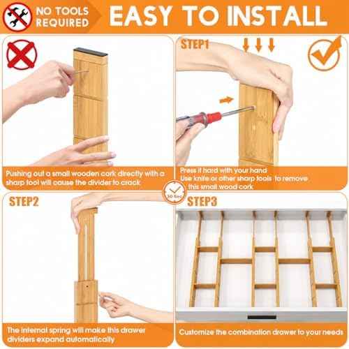 Expandable and Adjustable Bamboo Drawer Dividers with 12 Inserts, Kitchen Drawer Organizer