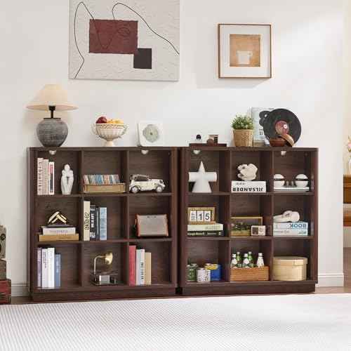 Joaxswe 9 Cube Bookshelf, 40.5" Wide Organizer Bookcase with Curved Edge, Wood Floor Standing 3-Tier Cubby Book Shelf with Base, Vintage Display Storage Cabinet for Living Room, Home Office, Walnut