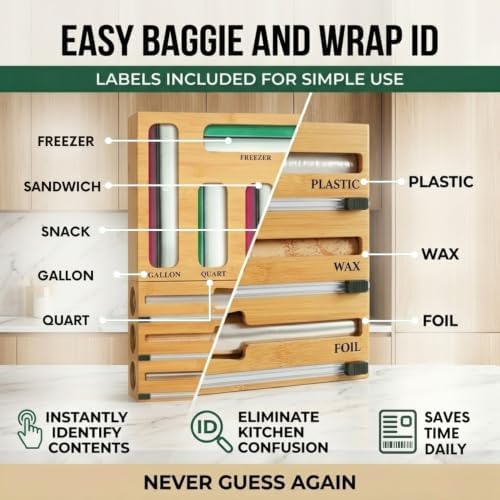 9 in 1 Bamboo Storage Bag Organizer for Kitchen Drawer, Bamboo Kitchen Drawer Organizer with Cutter, Foil and Plastic Wrap Dispenser, Ideal Storage for Gallon, Quart, Sandwich and Snack Bags