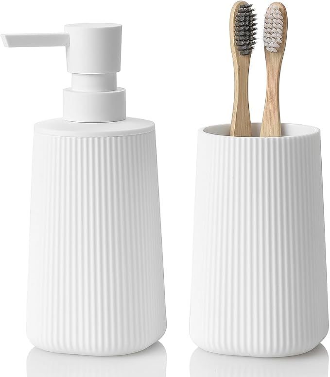 Bathroom Accessories 2 Piece Soap Dispenser and Toothbrush Holder Set Striped by KellyHome