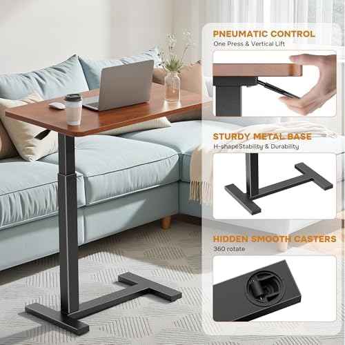 Simple Deluxe Adjustable Overbed Bedside Table with Wheels, Pneumatic Adjustable Hospital & Home Use Bed Table, Rolling Laptop Table, Mobile Standing Desk, Brown