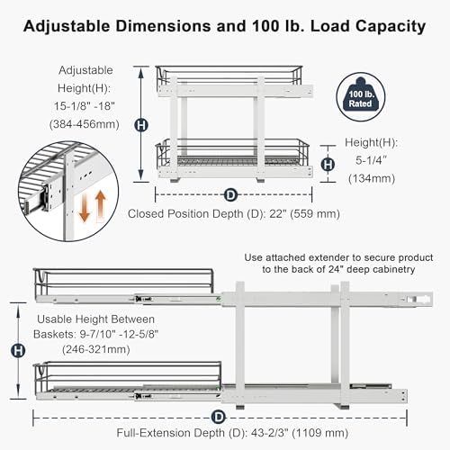 2 Tier Pull Out Cabinet Organizer - 20" W x 22" D Soft Close Slide Out Shelves with Shelf Liners - Pullout Drawers for Kitchen Cabinets, Pantry, Bathroom, Heavy Duty Steel Wire Baskets