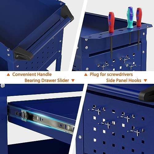 3 Tier Heavy Duty Rolling Tool Cart with Drawers, Large Storage Utility Cart on Wheels for Garage, Warehouse, Repair Shop (Deep Blue)