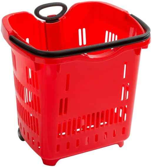 Red Plastic Shopping Basket with Wheels, 21.25x16.5 Inch, 45 lb Capacity, Telescopic Handle, Stackable Design