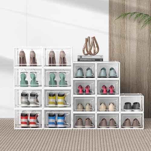 12 Pack Large Stackable Clear Plastic Shoe Storage Boxes Organizer, White