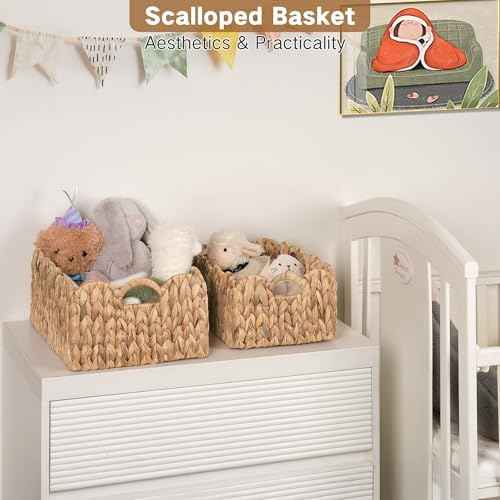 iEGrow Scalloped Wicker Basket, Set of 2 Woven Rattan Natural Water Hyacinth Baskets with Built-in Handles, Rectangle Storage Baskets for Organizing, Decor, Shelf and Nursery Room