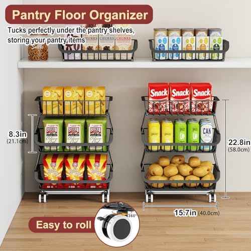 3-Tier Rolling Pantry Cart with Wheels, Stackable Wire Storage Floor Organizer for Kitchen Pantry Snack Shelves, Fruit Basket Stand, Vegetable Storage Rack for Food Snacks Onion Potato