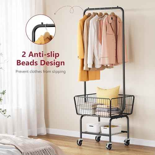 Tajsoon Rolling Laundry Cart with Hanging Rack & Laundry Basket, Black