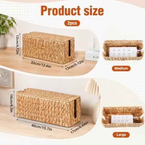 2 Pack Rattan Cable Management Box with Lid & 2 Side Open Slots