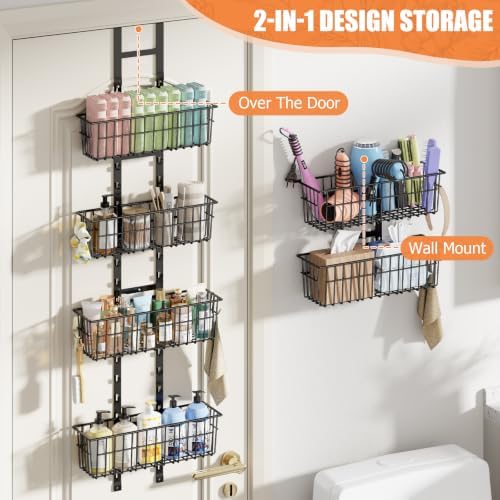 Hongtamoya Over The Door Organizer, Adjustable Hanging Door Organizer with 6 Wire Baskets 5 Hooks, Metal Behind The Door Storage for Pantry Closet Bedroom Bathroom Cabinet Kitchen Laundry Room, Black