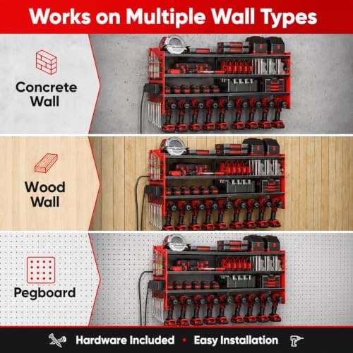 Power Tool Organizer Wall Mount, 600lbs Garage Storage Rack with Charging Station, 4 Layers Heavy Duty Battery Utility Rack With 4 Outlet Power Strip, 8 Cordless Drill Holder