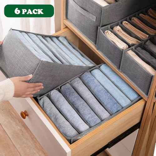 6 PACK Jeans Organizers for Closet, Foldable Wardrobe Clothes Organizer, Stackable Closet Clothes Drawer Organizer Tshirts with 7 Grids for Leggings, Sweater, Jean, Pants, Grey